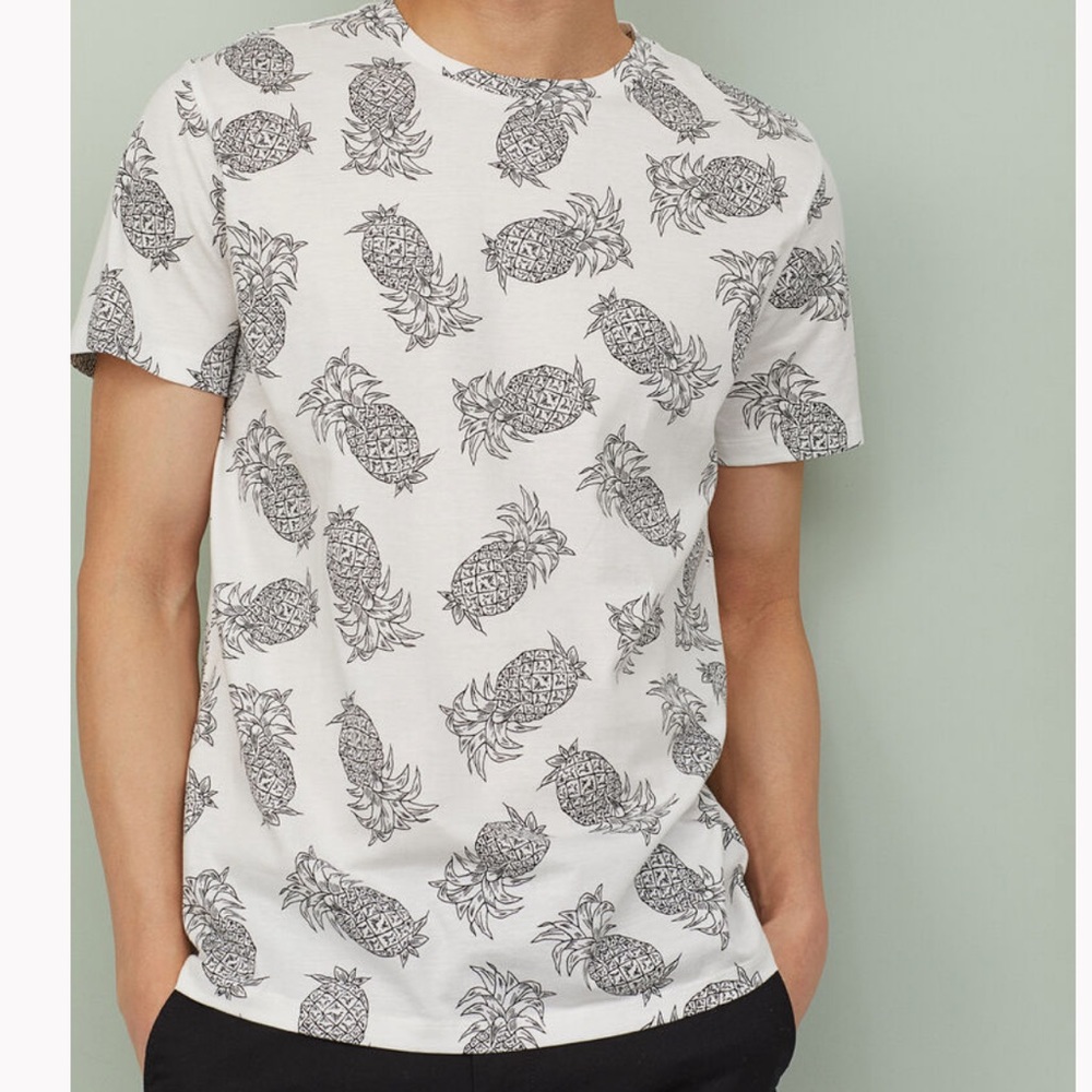 Men’s H&M White/Black Pineapple Cotton Tee T-Shirt